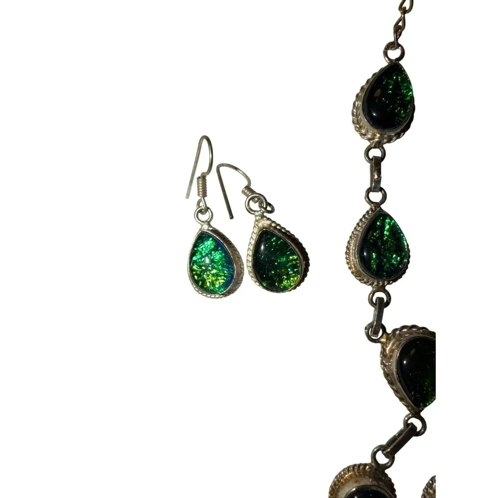 Vtg 925 Sterling‎ Silver Green Dichroic Glass Necklace Bracelet Earrings Set